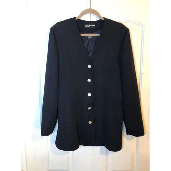 Halston Jackets & Blazers - HALSTON Womens Navy Mother of Pearl Button Down Blazer Size 10